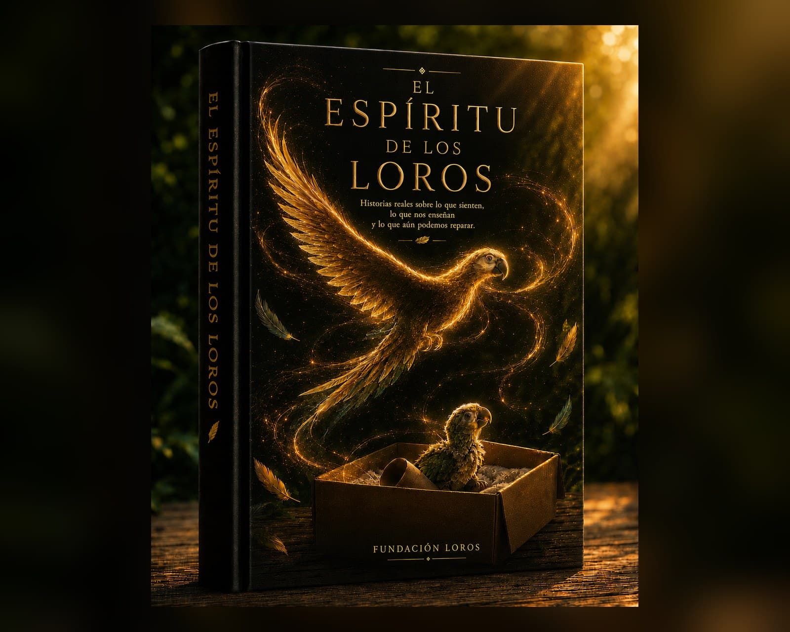 Tapa del libro El espíritu de los loros: un loro hecho de luz dorada alza el vuelo sobre una caja de cartón donde espera un polluelo verde.